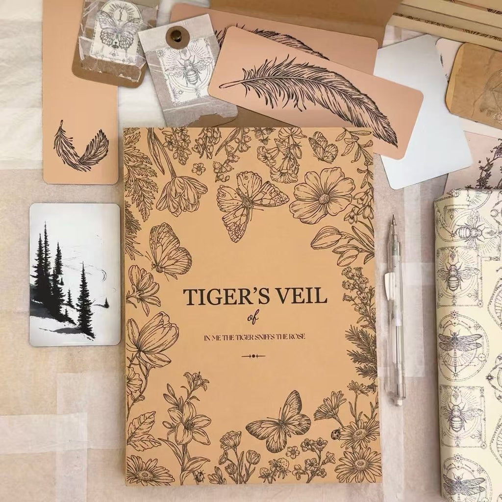 Tigers Veil vintage nature journal with hand-drawn butterfly and bee illustrations