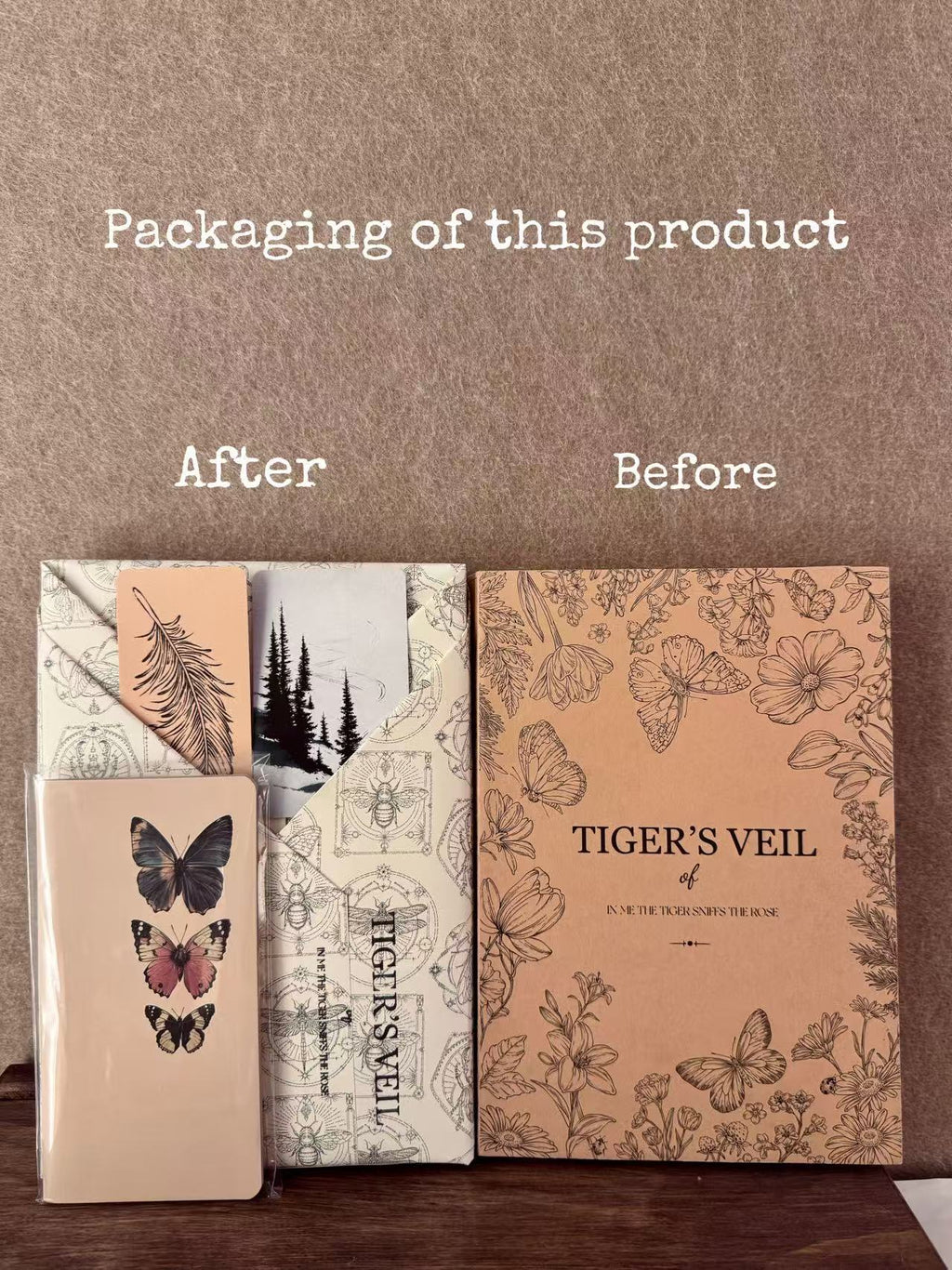 Vintage kraft paper journal packaging with nature inspired art cards and bookmark set