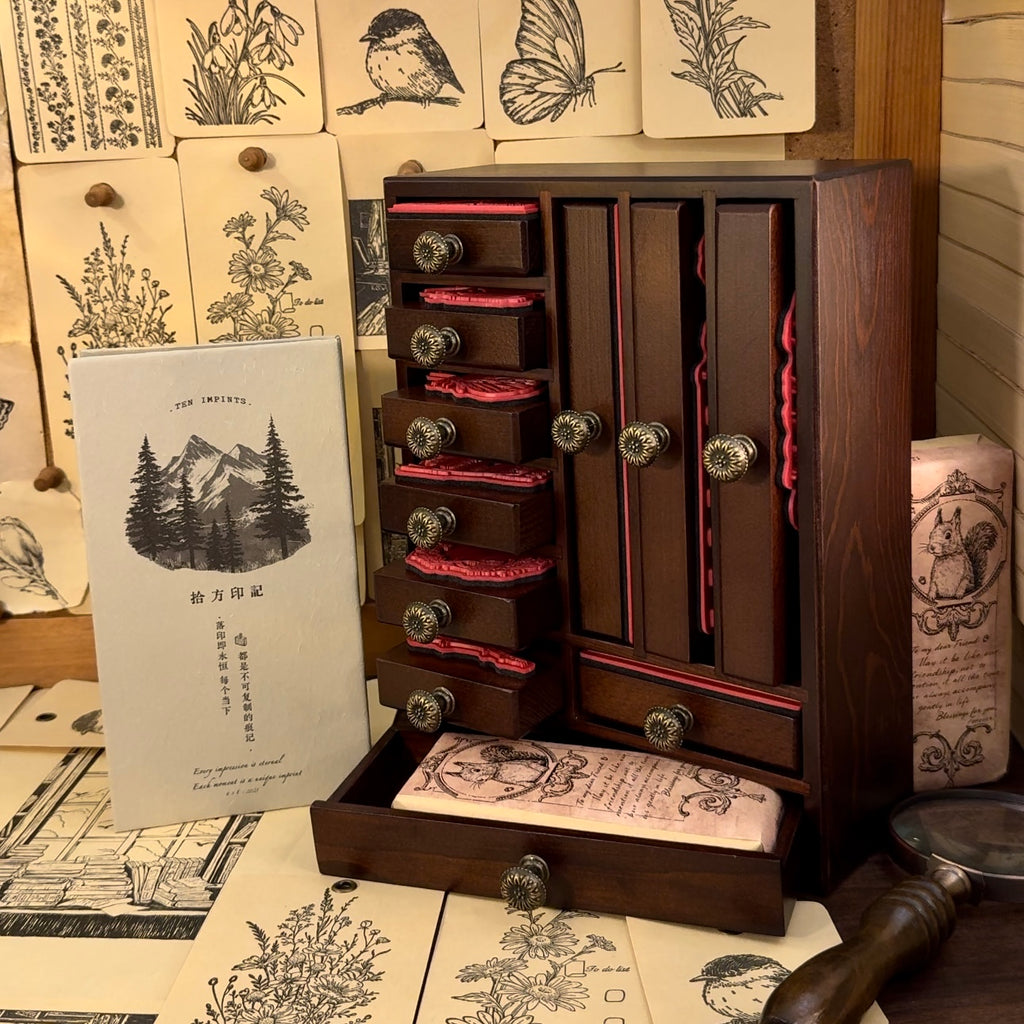 Tigers Veil vintage botanical stamp set with wooden drawer storage box