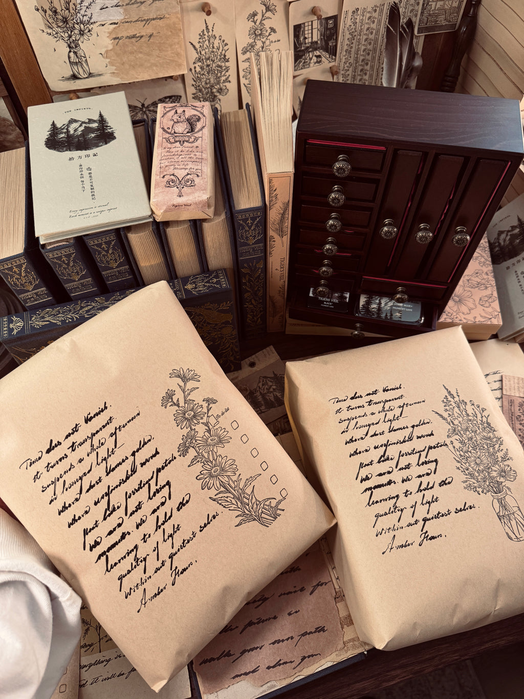 10 beech wood rubber stamps with botanical illustrations close-up detail